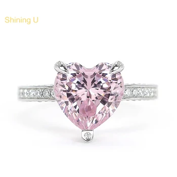Shining U S925 Серебро Высокоуглеродистые Алмазные Драгоценные Камни 10 * 10 мм Розовое Сердце Кольцо Для Женщин Ювелирные Изделия Свадьба