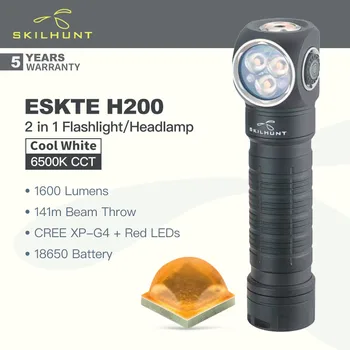 Skilhunt ESKTE H200 (холодная белая версия, 6500K) Налобный фонарь/фонарик 2 в 1, 1600 люмен Мультиисточники света с красным светом, 18650