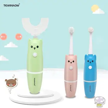 TEWIRROW Детская электрическая зубная щетка Автоматическая U-образная зубная щетка с 2 тонкими мягкими насадками Умная зубная щетка для 3-12 лет