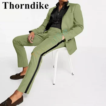 Thorndike Новое Поступление Тренд Жених Светло-зеленый Повседневный стиль Смокинг Свадебный костюм Пик Лацканы Куртка для вечеринок Мужчины Блейзер 2 шт. Набор