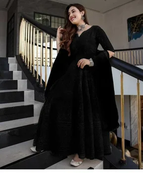 V-образный круглый вырез Salwar Kameez Женщины Черное платье Kurta Kurti Dupatta Partywear Style Платье