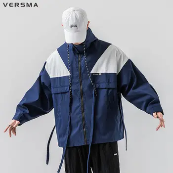 VERSMA Японский повседневный контрастный цвет Ретро Куртка Пальто Мужчины Хип-хоп Уличная одежда Подросток Свободный капюшон Ветровка для мужчин Дропшиппинг