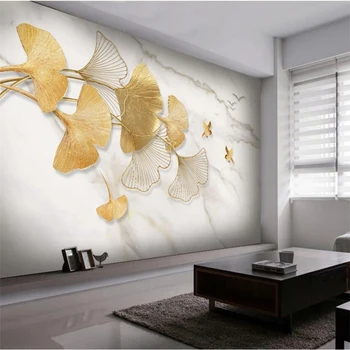 wellyu Индивидуальные большие фрески, современная мода, свет, роскошь, золотой лист гинкго, птица, мраморный узор, обои на стену