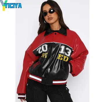 YICIYA черные красные кожаные куртки Женский бомбер университетский гоночный оверсайз пальто Винтаж Верхняя одежда мода новый наряд 2024 куртка пальто
