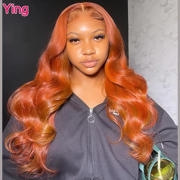 Ying Волосы Перуанский 13x6 Прозрачный кружевной передний парик Предварительно выщипанный рыжий оранжевый цвет 200% плотности Body Wave 13x4 Кружевной передний парик