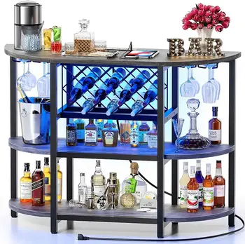 Zarler Барный стол с розеткой, светодиодный домашний мини-бар для спиртных напитков, металлическая подставка для винного бара с 4-уровневым хранением, легкая