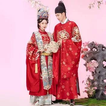 ZhaoHuaJi Китайская традиционная свадебная одежда для женщин Династия Мин Красный халат Юбка Дракон Невеста Жених Мужская вышивка Ханьфу