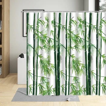 Абстрактные весенние зеленые листья Бамбуковый узор Занавеска для душа Бамбуковый столб Печать Пасторальный декор ванной комнаты Шторы Экраны для ванны