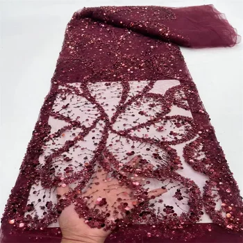 Африканская сетчатая кружевная ткань с 3D-цветочными пайетками 2024 Красная высококачественная нигерийская кружевная ткань из тюля для женщин Вечеринка Свадьба Дрес