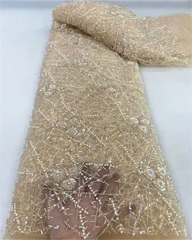 Африканские пайетки ручной работы Белые кружевные ткани, Бисерная ткань из тюля, Вышивка жемчугом, Свадебное платье, Высокое качество X0701