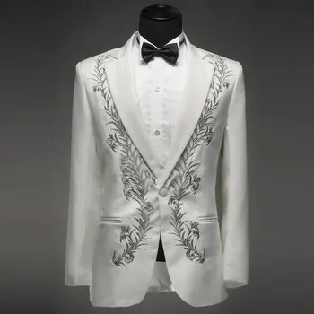 Белая вышивка Свадебный мужской костюм Повседневный 2 шт. Последний выпускной смокинг Жених Masculino Trajes De Hombre Модные мужские костюмы