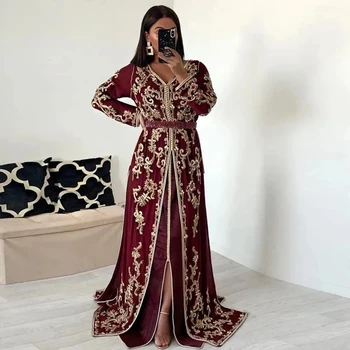 Бордовый Марокканский кафтан Мусульманские вечерние платья А-силуэт с длинными рукавами Аппликации Дубай Арабский Турция Кафтан Абая Исламское платье
