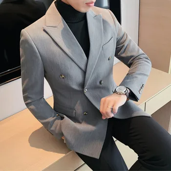 Британский стиль двубортные мужские пиджаки тонкий свадебный деловой повседневный костюм куртка гусиная лапка уличная одежда социальное платье