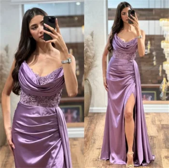 Великолепный фиолетовый выпускной Платья Атласное вечернее платье с V-образным вырезом Плиссировки Без спинки Формальный Изготовленный на заказ длинный халат De Soiree Femmes Вечернее платье