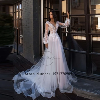  Винтажное свадебное платье для женщин с глубоким V-образным вырезом и полными рукавами Элегантное свадебное платье на пуговицах сзади Поезд Vestido De 2024 Новый