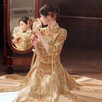  Высокое Качество Невеста Бисер Кисточки Свадебное Платье Ретро Китайский Изысканный Стильный Marry Блестящий Шампанское Блестки Cheongsam