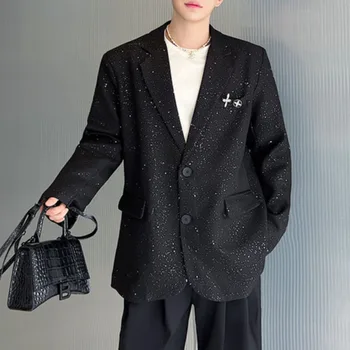  Высококачественный мужской пиджак Блестящий лацкан с длинным рукавом Уличная одежда Повседневная куртка Корейский красивый ночной клуб Мода Мужские пальто