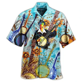 гавайская кубинская музыкальная рубашка с воротником для мужчин 3d музыкальная мужская гитарная рубашка повседневная с коротким рукавом оверсайз топы футболка мужская Camisa