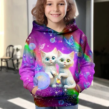 Девочки 3D Кошка Толстовка Пуловер Длинный рукав 3D Печать Бабочка Осень Зима Активная Мода Милый Полиэстер Дети