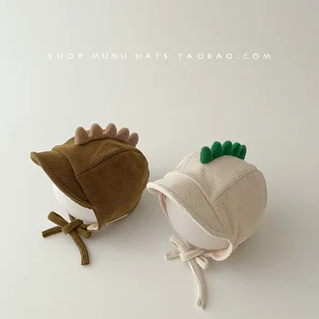Детская шапка в корейском стиле, детская осенне-зимняя теплая шапка для защиты ушей, милая кружевная шляпа с динозавром, детская шапочка для пальцев ног, модная