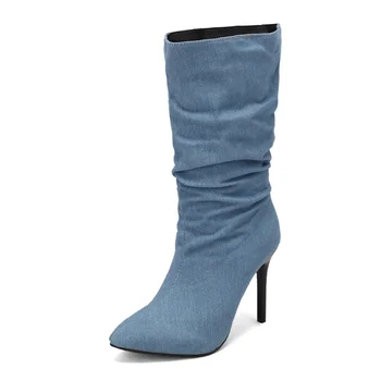 Джинсовые женские сапоги 2023 Зимняя сексуальная женская обувь на шпильке Плюс размер 48 Плиссированные сапоги на высоком каблуке с острым носком Dropshopping