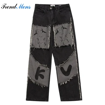 Джинсы для мужчин Повседневные мешковатые брюки Брюки прямого кроя Пэчворк Pantalon Homme Streetwear Y2k Мужская одежда Молодая жизненная