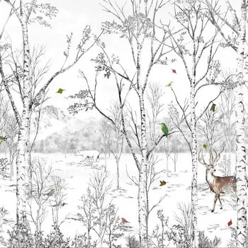 Дикий лес Обои с оленями, птицами, листьями зимних деревьев в заснеженных горах, нарисованные от руки картины обои НУНАВУ Дикий лес Обои с оленями, птицами, листьями зимних деревьев в заснеженных горах, нарисованные от руки картины обои НУНАВУ 1