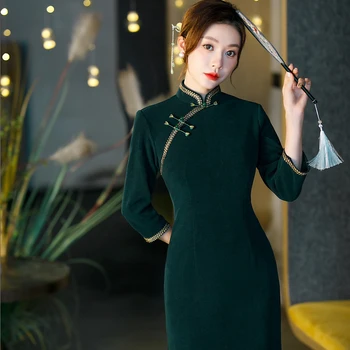 Длинные рукава Большой размер 4XL Vestidos Зеленый Винтаж Приталенный Крой Cheongsam Осень Традиционное китайское платье Классическое элегантное Qipao