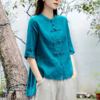 Женская китайская рубашка Футболка с вышивкой в стиле ретро Повседневная китайская хлопковая чайная рубашка со стоячим вырезом и короткими рукавами Ханьфу Топ Женский