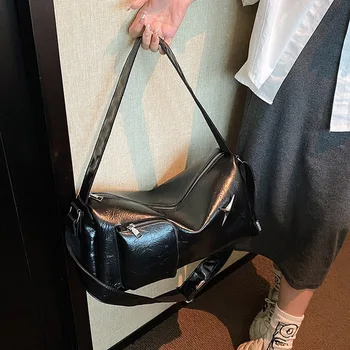 Женская модная сумка через плечо Однотонная сумка из искусственной кожи Y2K Большая емкость Простая сумка для покупок Регулируемый ремень Шикарная сумка Hobo