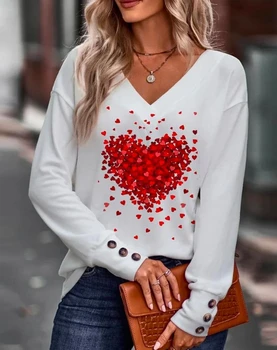 Женская футболка с V-образным вырезом Одежда Пуловер День святого Валентина Принт сердца 2024 Весна Универсальная Ленивая Мода Повседневный Топ с длинным рукавом