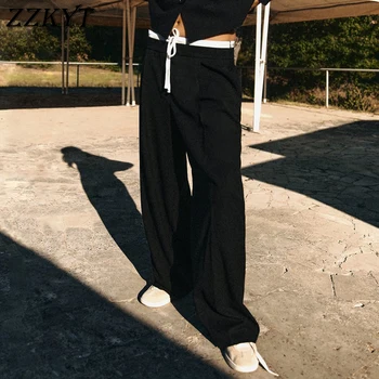  Женские осенние черные свободные широкие брюки Женщины Винтаж с высокой талией в корейском стиле Женские элегантные спортивные штаны Брюки Одежда