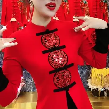 Женское Осень Новое Красное Праздничное Платье Тонкое Ретро Улучшенное Китайское Платье Qipao Большой размер L-5XL
