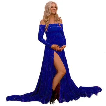 Женское платье для беременных с открытыми плечами для фотосессии Разрез спереди с длинным рукавом Кружева Макси Фотография Платье Свадебная вечеринка