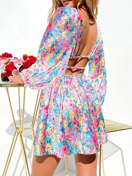 Женщины Весна Повседневная А-силуэт Платье Цветочный принт Глубокий V-образный вырез Платье с длинным рукавом Модное мини-платье с открытой спиной