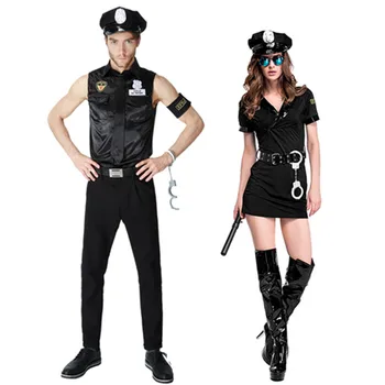 Женщины Мужчина Полицейский Костюм Хэллоуин Вечеринка Черный Полицейскийженщины Полицейский Униформа Полицейский Косплей Маскарадный костюм