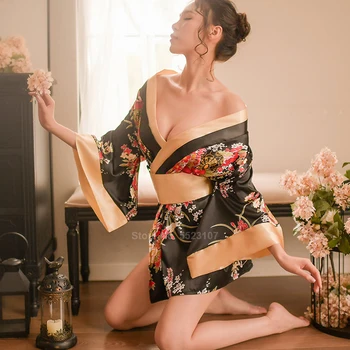 Женщины Сексуальная Ночная Рубашка Нижнее Белье Атласное Кимоно Ночная рубашка Пижамы Халат Юката Ночное белье Сорочки Пижамы в японском стиле