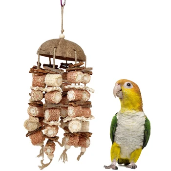  Игрушки для попугаев Натуральная скорлупа кокосового ореха Кора кукурузных початков Жевательная игрушка Подвесная клетка для птиц Украшение для средних крупных птиц Какаду Ара