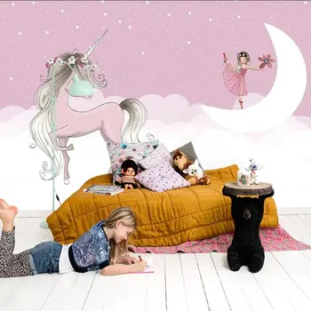 Индивидуальные обои 3d скандинавский современный ручной росписи розовый единорог девушка луна звезды белые облака детская комната телевизор фон стена