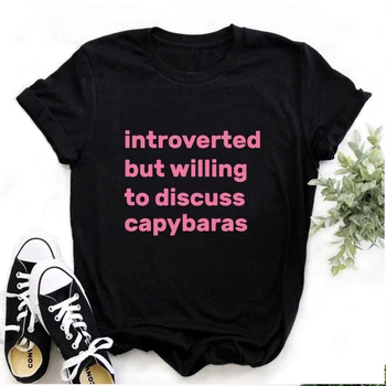 Интроверт, но готов обсуждать Capybaras Футболка Мода Уличная Уличная Печать Письмо Печать Унисекс Футболка О-образный вырез Повседневная женская футболка