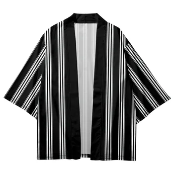Кардиган в японском стиле Черный полосатый принт Кимоно Косплей Харадзюку Женщины Мужчина Юката Куртка Уличная одежда Традиционный халат Топы