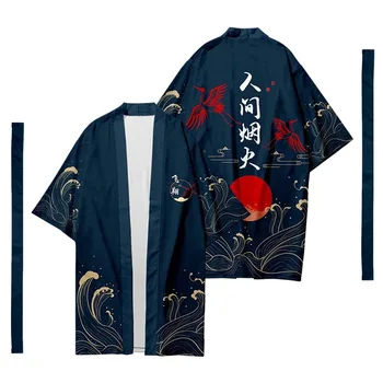 Кимоно Японское длинное кимоно Кардиган Самурайский костюм Кимоно Фейерверк Рубашка Юката Верхнее пальто унисекс