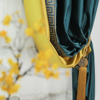 китайский стиль имитация шелка павлина синий колор-блокинг вышитые ретро шторы дзен шторы для гостиной столовой спальни