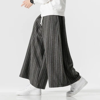 Китайский стиль Мужские толстые шерстяные полосатые повседневные мешковатые брюки с широкими штанинами осень/зима 2023 Мужские брюки в японском стиле с широкими штанинами
