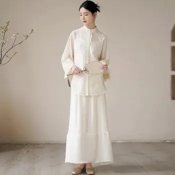 Китайский стиль Улучшенный комплект костюма Тан Женский супер бессмертный ретро стиль китайский стиль пряжка чайное платье дзен топ полуюбка комплект