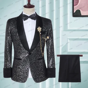 Классический черный цветочный приталенный костюм на заказ мужские костюмы 2023 Свадебные костюмы для жениха Смокинги 2 шт. Костюмы жениха Шафер