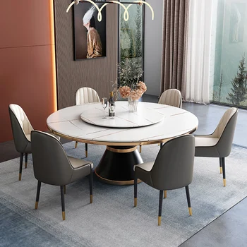 Комбинация высококачественного обеденного стола и стула из каменной доски, бытовая небольшая мебель, свет, роскошь, современный, простой круглый стол из массива дерева