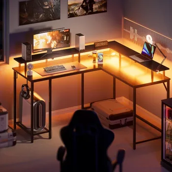 Компьютерный стол с подставкой для монитора и полкой для хранения L-образный игровой стол с розетками и светодиодной подсветкой Черные столы для комнат Мебель