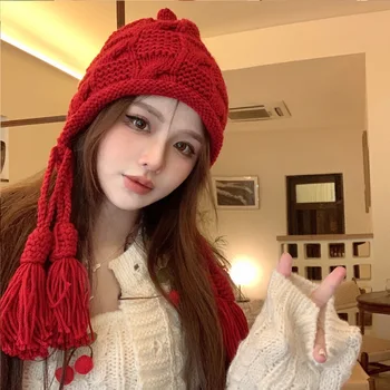 корейская вязаная вручную пуловерная шапка женская осень и зима теплая трикотажная шапка для защиты ушей с бахромой большая голова универсальная тюбетейка