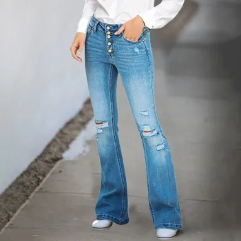  Корейская мода Все матчевые джинсовые брюки Светло-синие многопуговицы с высокой талией Ботинки Вырез Винтажные брюки 2023 Y2K Рваные женские джинсы